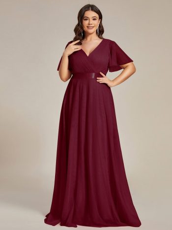 Women's Floor-Length Plus Size Formal Bridesmaid Dress with Short Sleeve - Burgundy