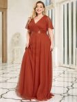 Women’s Floor-Length Plus Size Formal Bridesmaid Dress with Short Sleeve – Burnt Orange