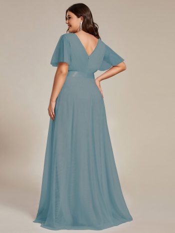 Women's Floor-Length Plus Size Formal Bridesmaid Dress with Short Sleeve - Dusty Blue