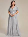 Women’s Floor-Length Plus Size Formal Bridesmaid Dress with Short Sleeve – Grey