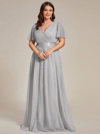 Women's Floor-Length Plus Size Formal Bridesmaid Dress with Short Sleeve - Grey