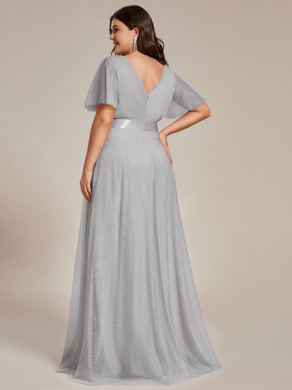 Women's Floor-Length Plus Size Formal Bridesmaid Dress with Short Sleeve - Grey