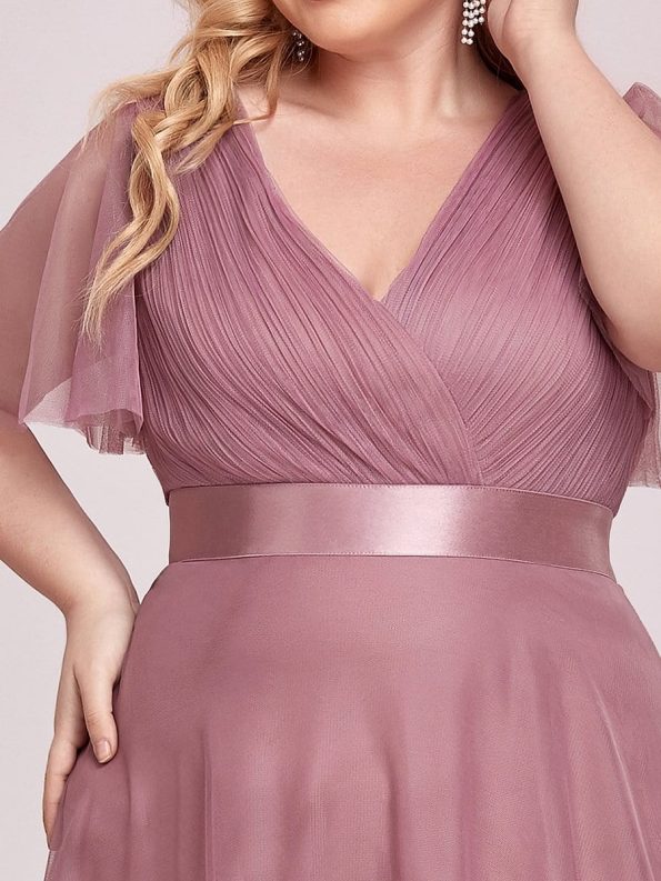 Women's Floor-Length Plus Size Formal Bridesmaid Dress with Short Sleeve - Purple Orchid