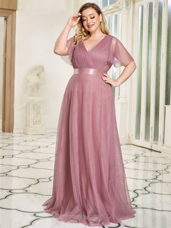 Women's Floor-Length Plus Size Formal Bridesmaid Dress with Short Sleeve - Purple Orchid