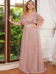 Women’s Floor-Length Plus Size Formal Bridesmaid Dress with Short Sleeve – Pink