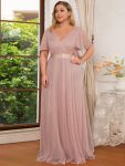 Women’s Floor-Length Plus Size Formal Bridesmaid Dress with Short Sleeve – Pink