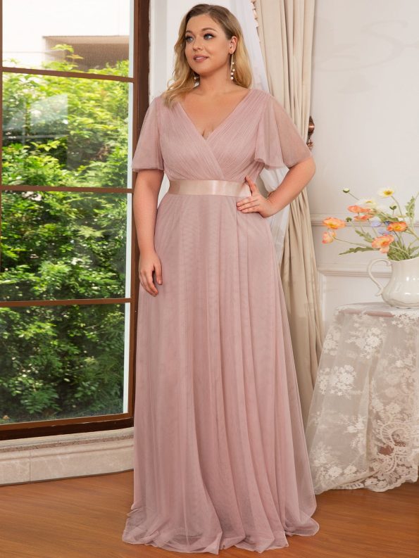 Women's Floor-Length Plus Size Formal Bridesmaid Dress with Short Sleeve - Pink