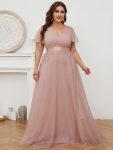 Women's Floor-Length Plus Size Formal Bridesmaid Dress with Short Sleeve - Pink