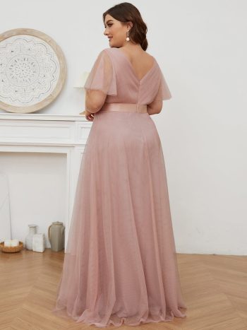 Women's Floor-Length Plus Size Formal Bridesmaid Dress with Short Sleeve - Pink