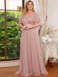 Women’s Floor-Length Plus Size Formal Bridesmaid Dress with Short Sleeve – Pink