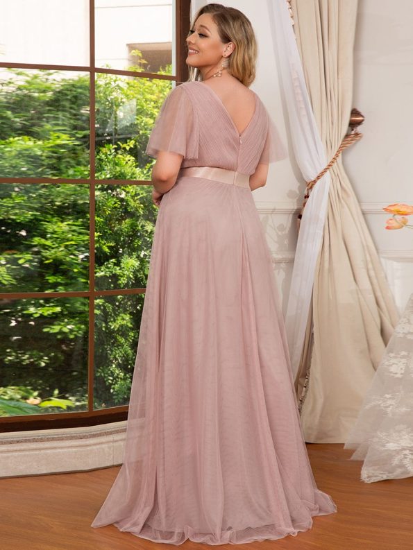 Women's Floor-Length Plus Size Formal Bridesmaid Dress with Short Sleeve - Pink