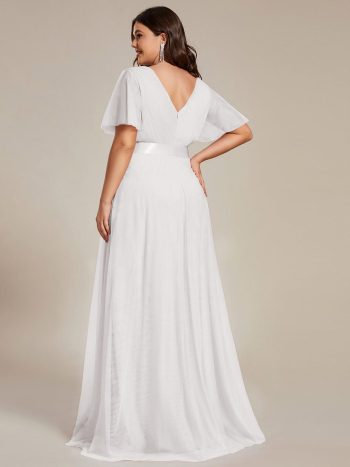 Women's Floor-Length Plus Size Formal Bridesmaid Dress with Short Sleeve - White