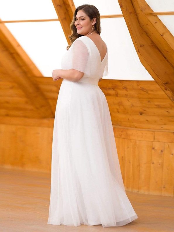 Women's Floor-Length Plus Size Formal Bridesmaid Dress with Short Sleeve - White