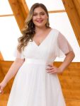 Women’s Floor-Length Plus Size Formal Bridesmaid Dress with Short Sleeve – White