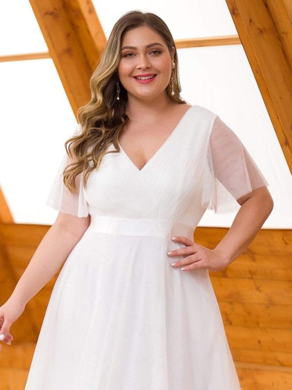 Women's Floor-Length Plus Size Formal Bridesmaid Dress with Short Sleeve - White