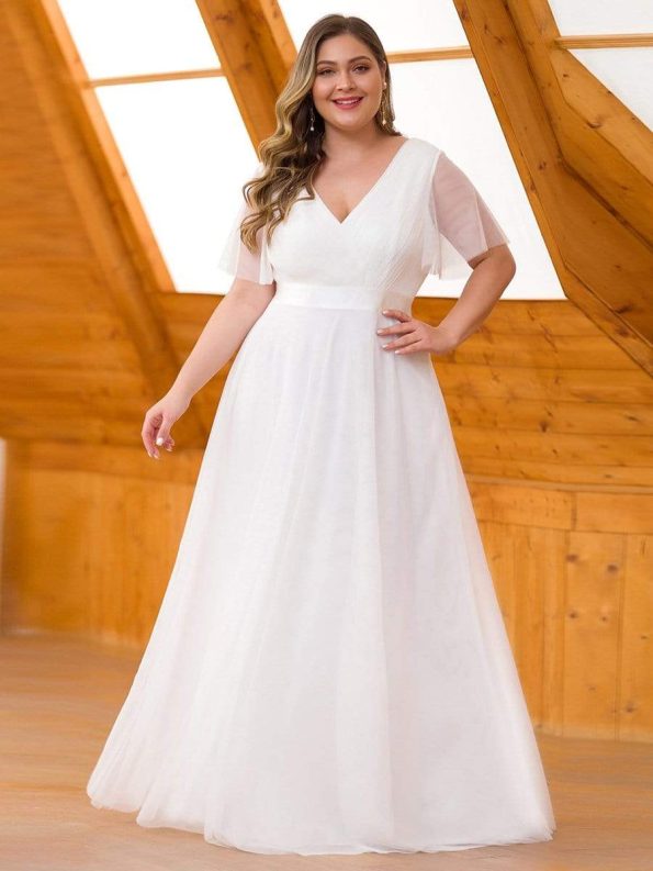 Women's Floor-Length Plus Size Formal Bridesmaid Dress with Short Sleeve - White