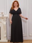 Plus Size Empire Waist V Back Bridesmaid Dress with Short Sleeves – Black