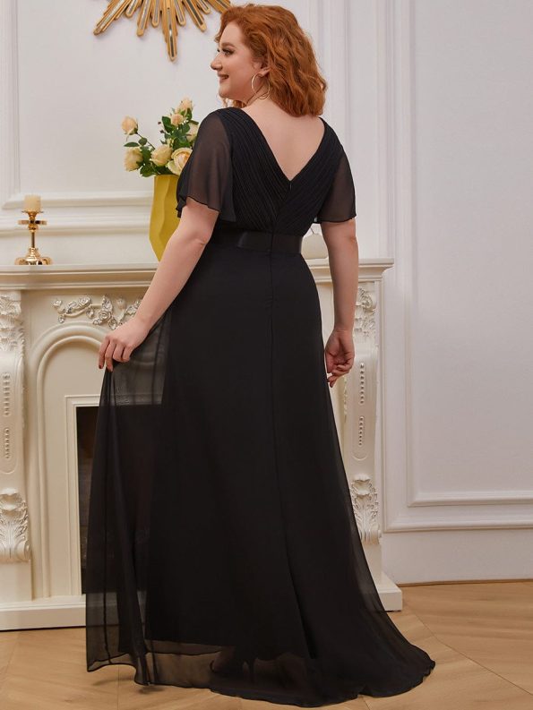 Plus Size Empire Waist V Back Bridesmaid Dress with Short Sleeves - Black