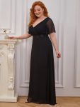 Plus Size Empire Waist V Back Bridesmaid Dress with Short Sleeves – Black