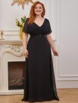 Plus Size Empire Waist V Back Bridesmaid Dress with Short Sleeves – Black