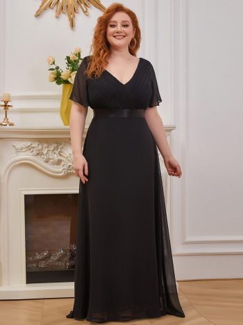 Plus Size Empire Waist V Back Bridesmaid Dress with Short Sleeves - Black