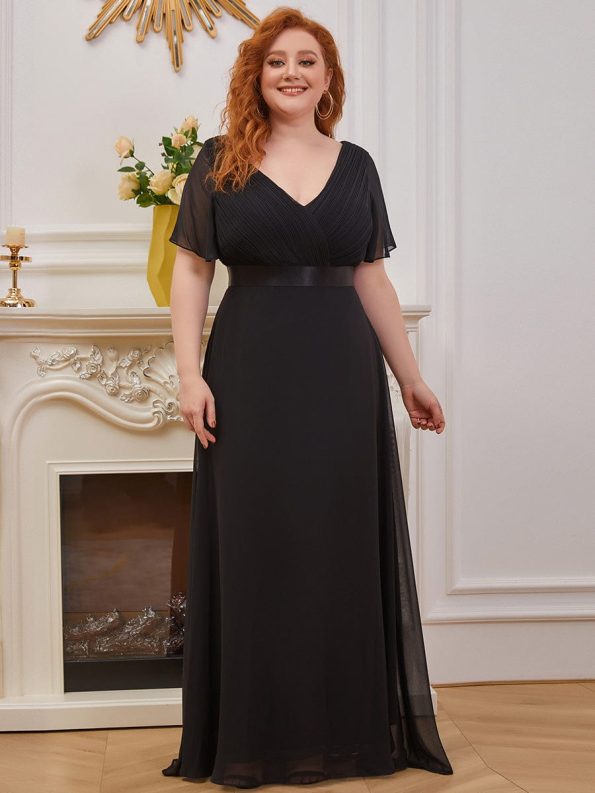 Plus Size Empire Waist V Back Bridesmaid Dress with Short Sleeves - Black