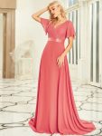 Long Empire Waist Bridesmaid Dress with Short Flutter Sleeves – Coral