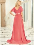 Long Empire Waist Bridesmaid Dress with Short Flutter Sleeves – Coral