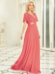 Long Empire Waist Bridesmaid Dress with Short Flutter Sleeves – Coral