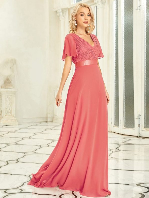 Long Empire Waist Bridesmaid Dress with Short Flutter Sleeves - Coral