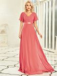 Long Empire Waist Bridesmaid Dress with Short Flutter Sleeves – Coral