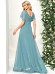 Long Empire Waist Bridesmaid Dress with Short Flutter Sleeves – Dusty Blue