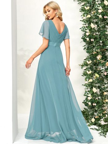 Long Empire Waist Bridesmaid Dress with Short Flutter Sleeves - Dusty Blue