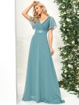 Long Empire Waist Bridesmaid Dress with Short Flutter Sleeves – Dusty Blue