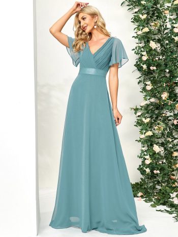 Long Empire Waist Bridesmaid Dress with Short Flutter Sleeves - Dusty Blue