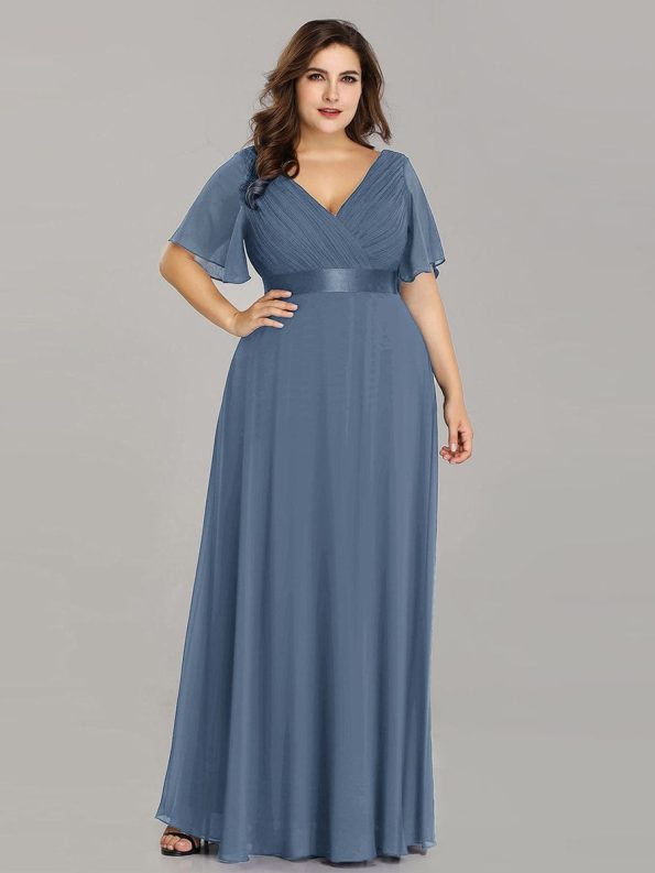 Plus Size Empire Waist V Back Bridesmaid Dress with Short Sleeves - Dusty Navy