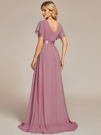 Long Empire Waist Bridesmaid Dress with Short Flutter Sleeves - Purple Orchid