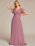 Long Empire Waist Bridesmaid Dress with Short Flutter Sleeves – Purple Orchid