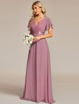 Long Empire Waist Bridesmaid Dress with Short Flutter Sleeves – Purple Orchid