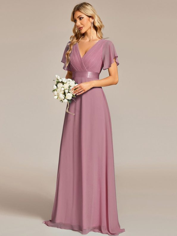 Long Empire Waist Bridesmaid Dress with Short Flutter Sleeves - Purple Orchid