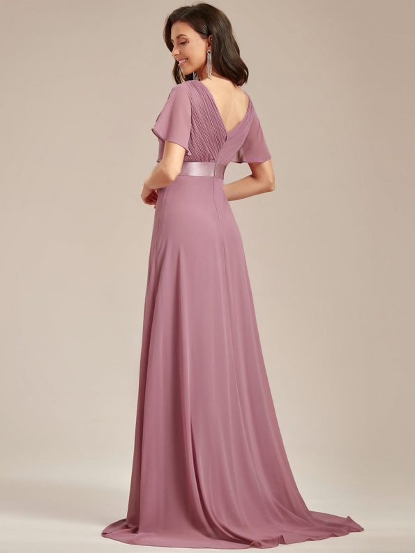 Long Empire Waist Bridesmaid Dress with Short Flutter Sleeves - Purple Orchid