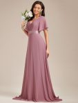 Long Empire Waist Bridesmaid Dress with Short Flutter Sleeves – Purple Orchid