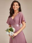 Long Empire Waist Bridesmaid Dress with Short Flutter Sleeves – Purple Orchid