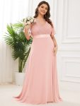 Plus Size Empire Waist V Back Bridesmaid Dress with Short Sleeves – Pink