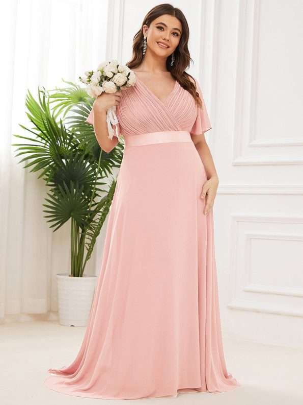 Plus Size Empire Waist V Back Bridesmaid Dress with Short Sleeves - Pink