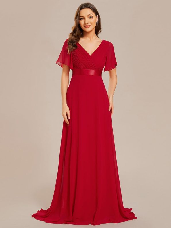 Long Empire Waist Bridesmaid Dress with Short Flutter Sleeves - Red