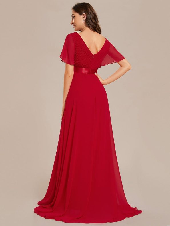 Long Empire Waist Bridesmaid Dress with Short Flutter Sleeves - Red