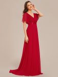 Long Empire Waist Bridesmaid Dress with Short Flutter Sleeves – Red