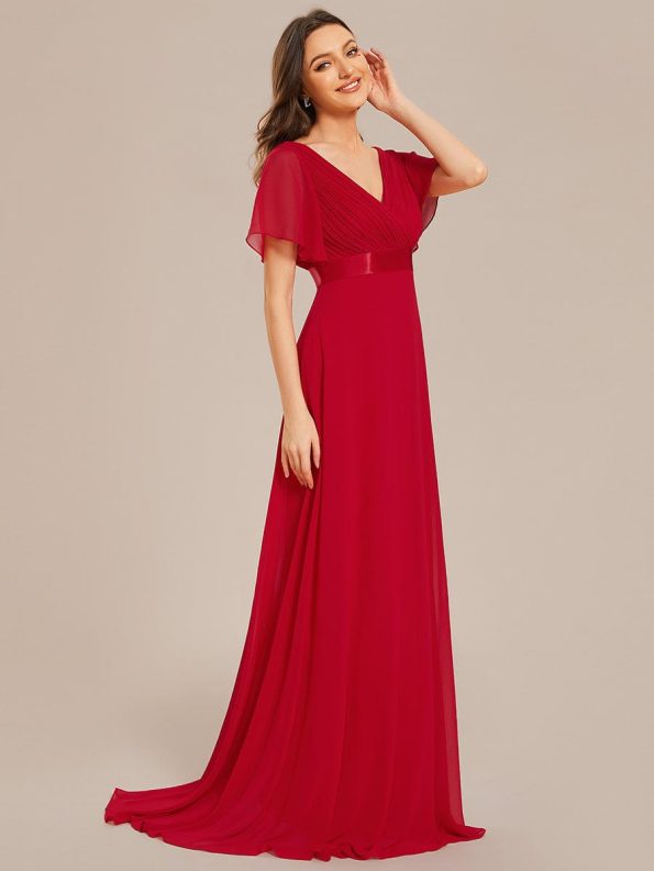 Long Empire Waist Bridesmaid Dress with Short Flutter Sleeves - Red