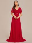 Long Empire Waist Bridesmaid Dress with Short Flutter Sleeves – Red